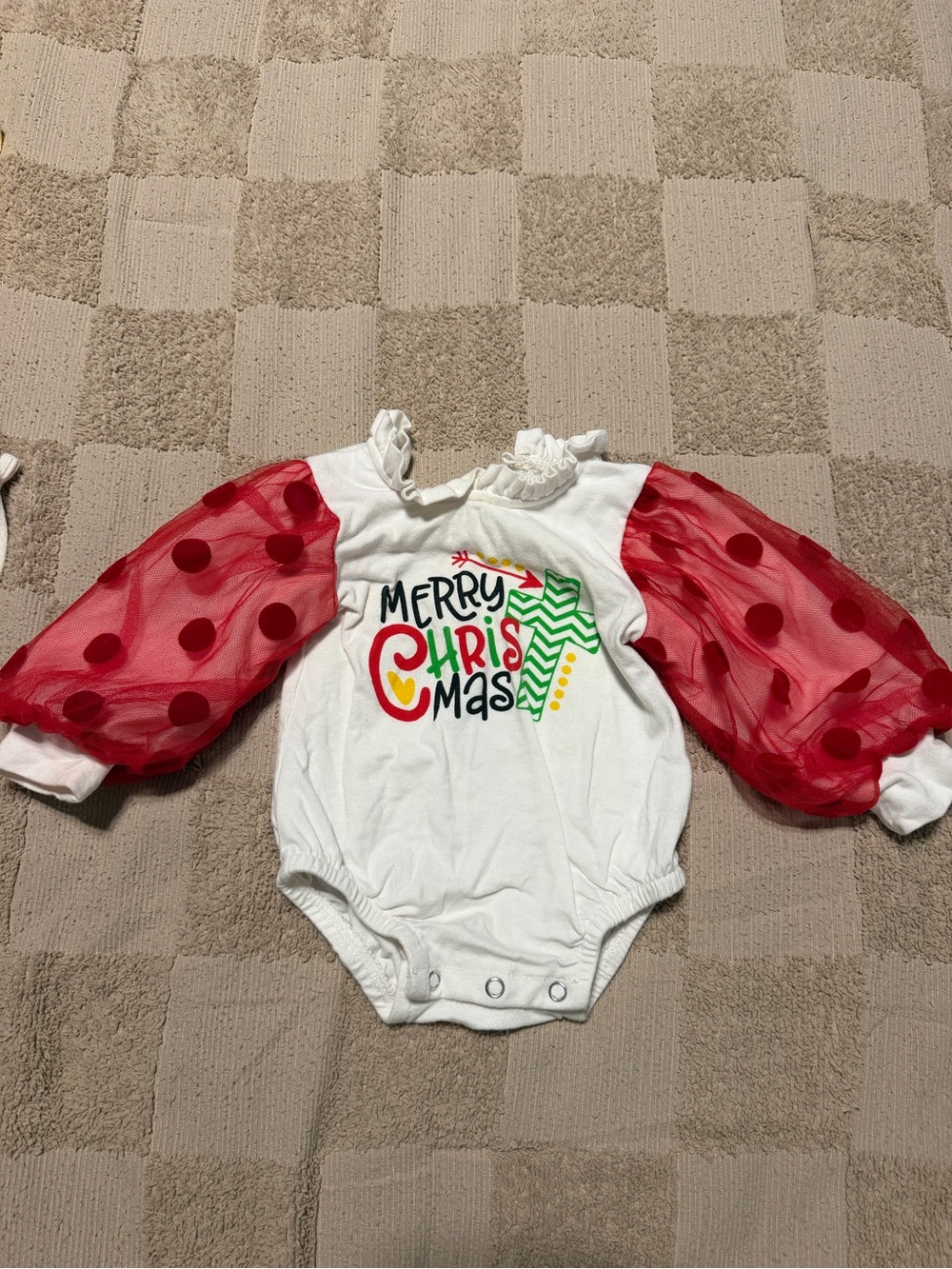 Merry Christmas White Baby One-Piece Bodysuit with Red Puff Sleeves